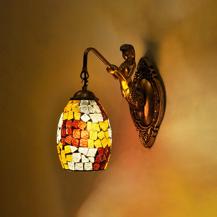 Lisslune | Dome Vanity Lamp 1 Light Silver/Red/Yellow Stained Glass Mediterranean Style Wall Light for Bathroom