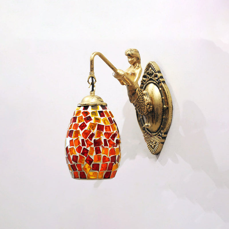 Lisslune | Dome Vanity Lamp 1 Light Silver/Red/Yellow Stained Glass Mediterranean Style Wall Light for Bathroom