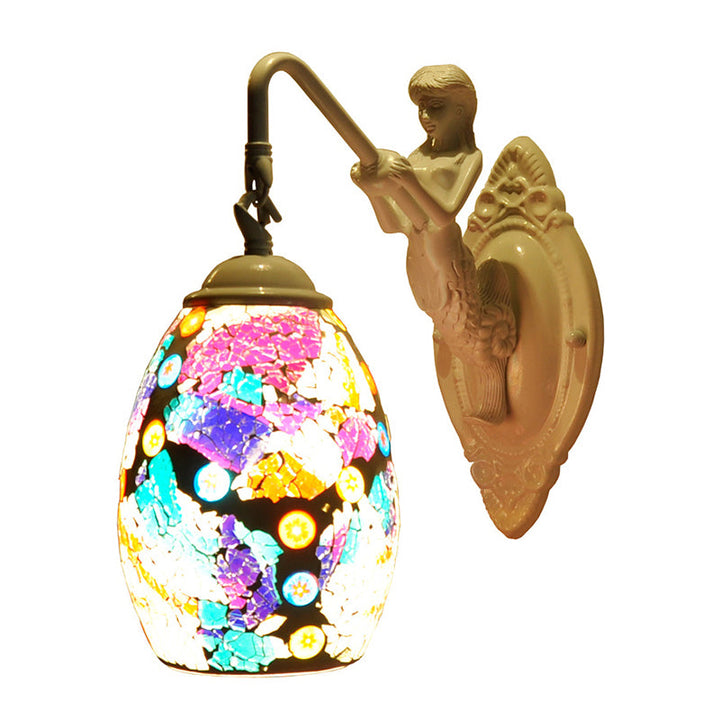 Lisslune | White Dome Wall Lighting Element Tiffany Style 1 Light Blue/Purple Glass Sconce with Mermaid Decoration