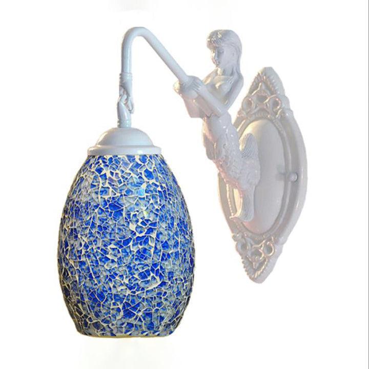 Lisslune | White Dome Wall Lighting Element Tiffany Style 1 Light Blue/Purple Glass Sconce with Mermaid Decoration