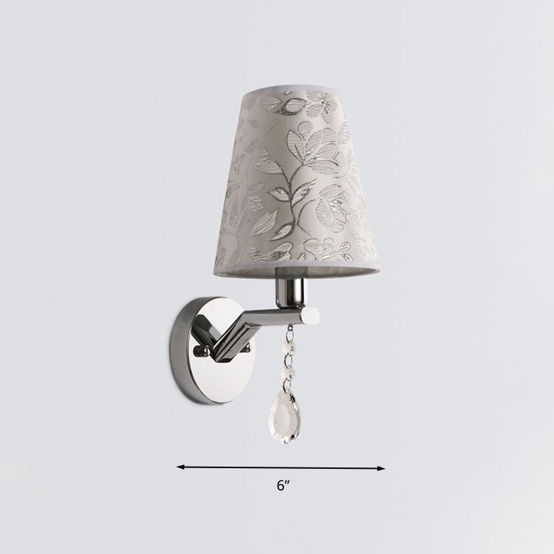 Skørter | Tapered Living Room Wall Light Traditional Fabric 1 Bulb White LED Wall Light with Clear Crystal Pendant