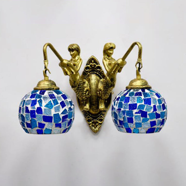 Lisslune | 2 Lights Wall Mount Lighting Mediterranean Spherical Stained Glass Wall Lamp in Red/Yellow/Orange with Mermaid Arm