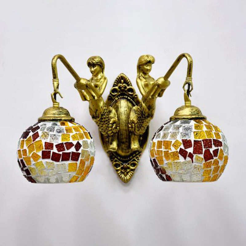Lisslune | 2 Lights Wall Mount Lighting Mediterranean Spherical Stained Glass Wall Lamp in Red/Yellow/Orange with Mermaid Arm
