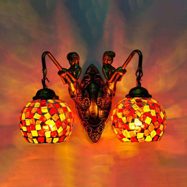 Lisslune | 2 Lights Wall Mount Lighting Mediterranean Spherical Stained Glass Wall Lamp in Red/Yellow/Orange with Mermaid Arm