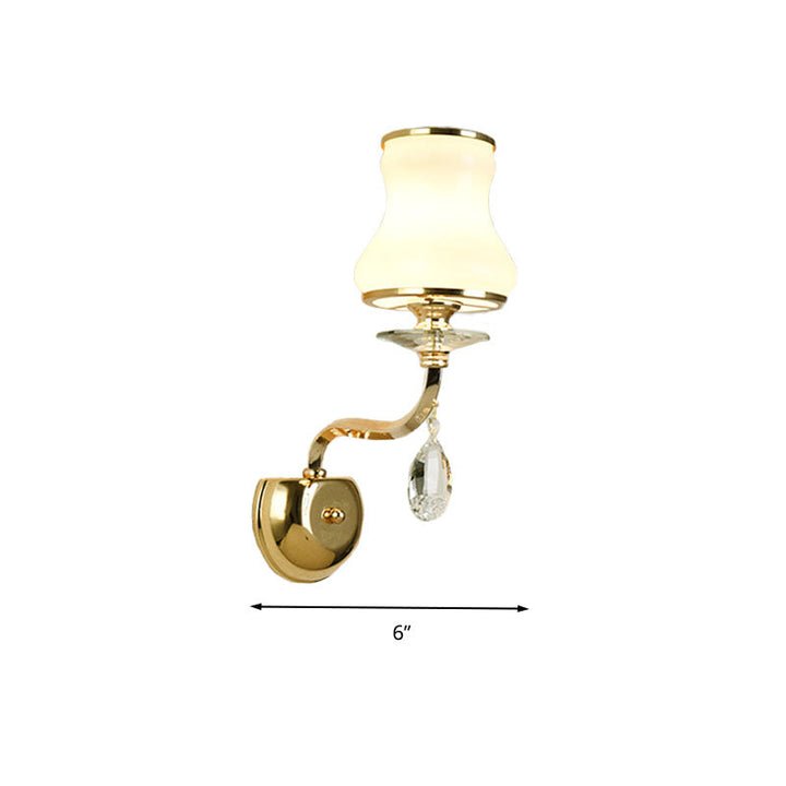 Skørter | White Glass Bell Wall Mount Lamp Vintage 1/2 Cups Living Room LED Wall Light Fixture with Crystal Accent