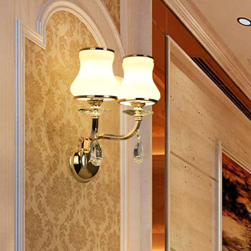 Skørter | White Glass Bell Wall Mount Lamp Vintage 1/2 Cups Living Room LED Wall Light Fixture with Crystal Accent