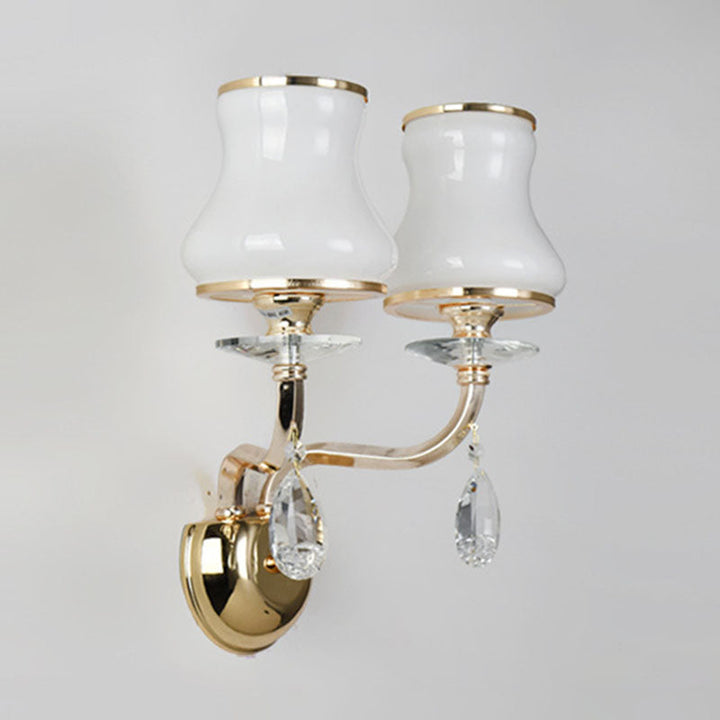 Skørter | White Glass Bell Wall Mount Lamp Vintage 1/2 Cups Living Room LED Wall Light Fixture with Crystal Accent