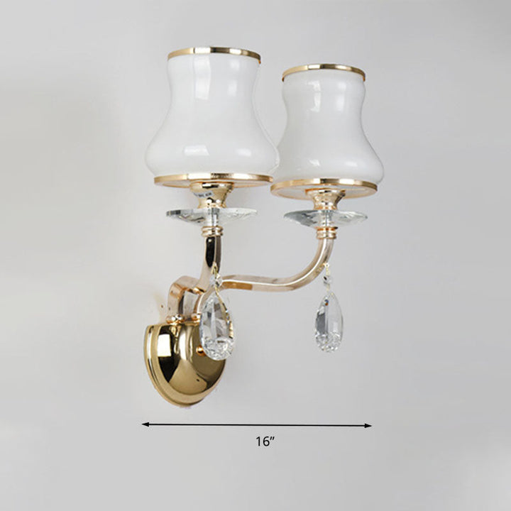 Skørter | White Glass Bell Wall Mount Lamp Vintage 1/2 Cups Living Room LED Wall Light Fixture with Crystal Accent