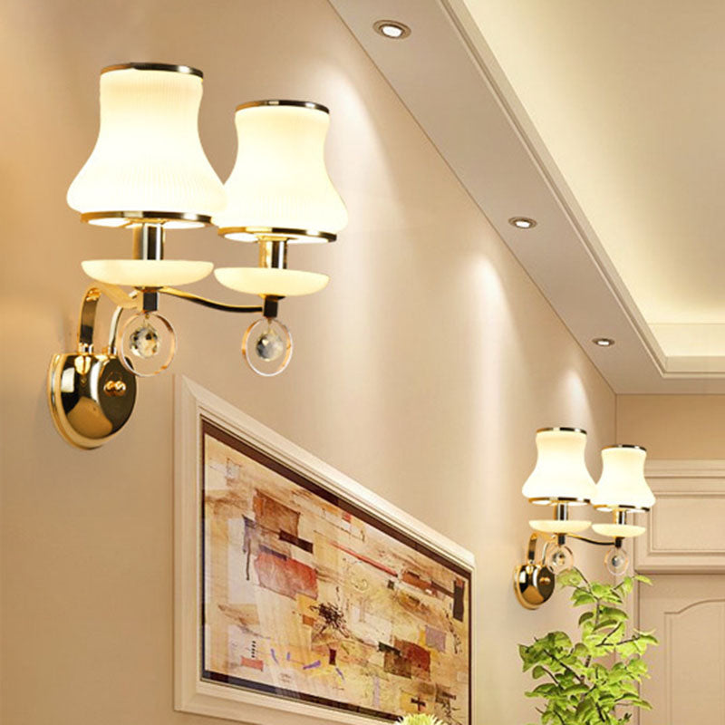 Skørter | White Glass Bell Wall Mount Lamp Vintage 1/2 Cups Living Room LED Wall Light Fixture with Crystal Accent
