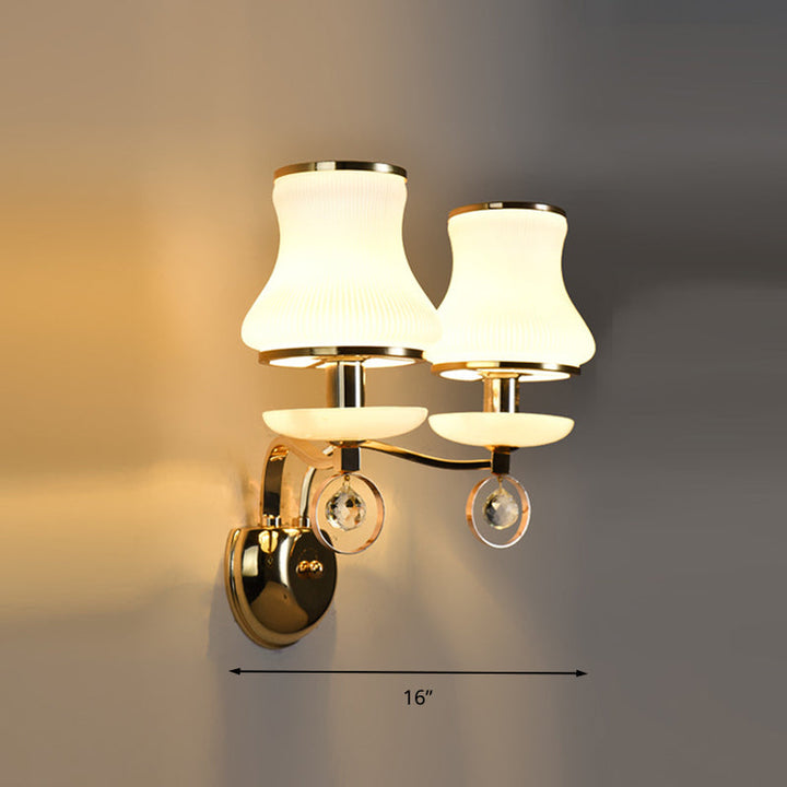 Skørter | White Glass Bell Wall Mount Lamp Vintage 1/2 Cups Living Room LED Wall Light Fixture with Crystal Accent