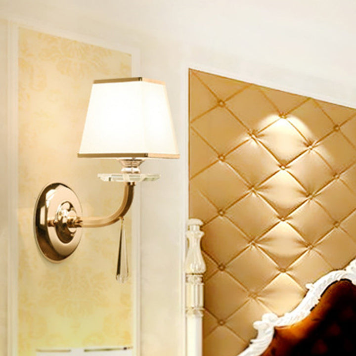 Skørter | Traditional trapezoidal wall light 1 head White fabric LED wall lamp with hanging crystal