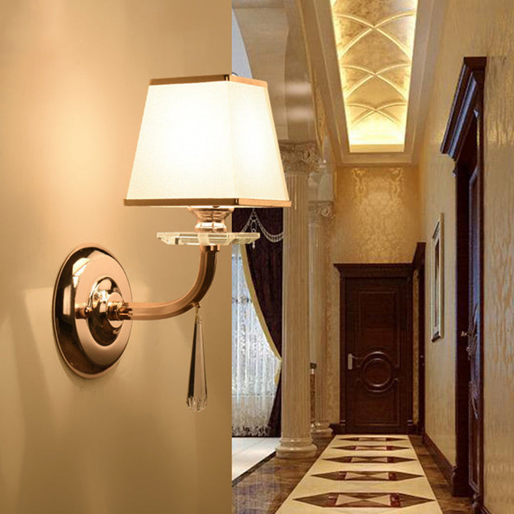 Skørter | Traditional trapezoidal wall light 1 head White fabric LED wall lamp with hanging crystal