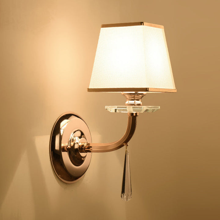 Skørter | Traditional trapezoidal wall light 1 head White fabric LED wall lamp with hanging crystal