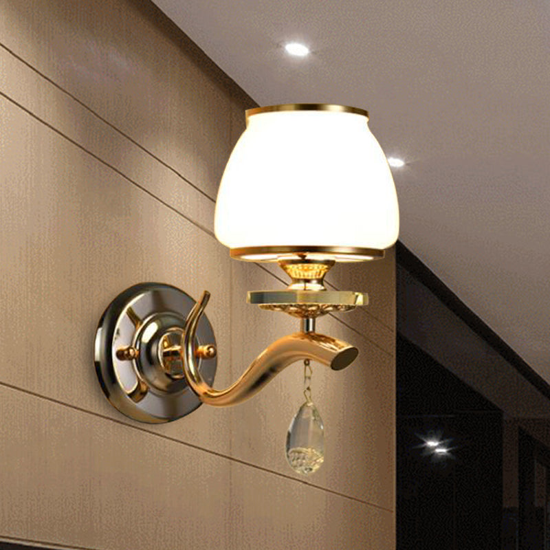 Skørter | Dome Bedroom Wall Light Traditional White Glass 1/2 Heads Wall Lighting Lamp with Hanging Crystal