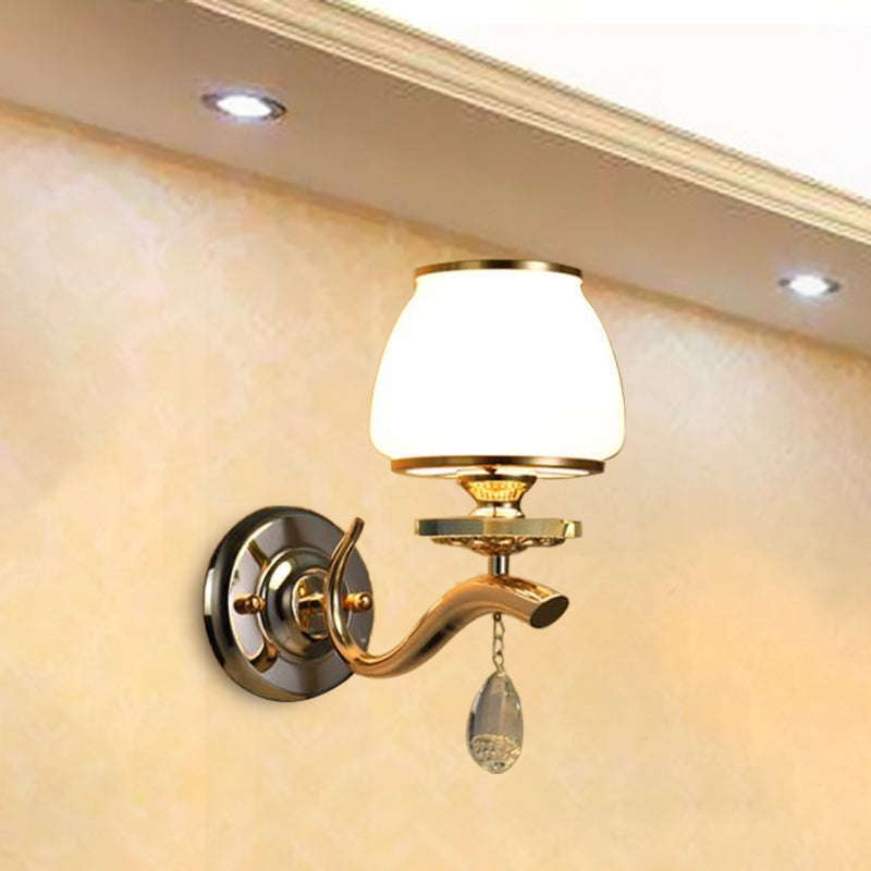 Skørter | Dome Bedroom Wall Light Traditional White Glass 1/2 Heads Wall Lighting Lamp with Hanging Crystal