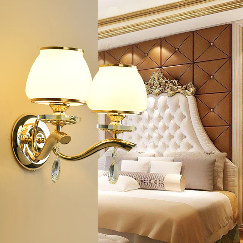 Skørter | Dome Bedroom Wall Light Traditional White Glass 1/2 Heads Wall Lighting Lamp with Hanging Crystal