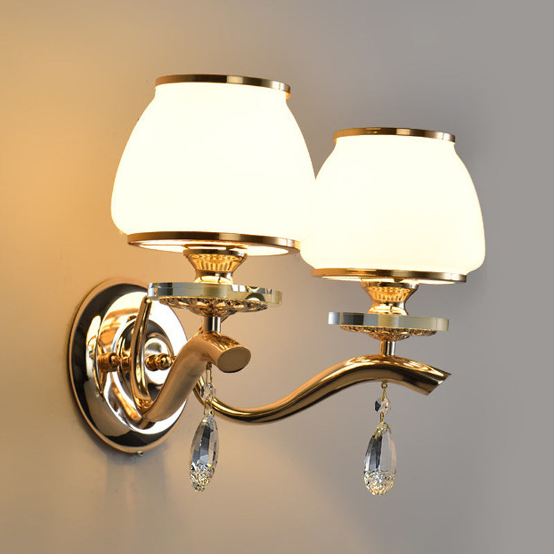 Skørter | Dome Bedroom Wall Light Traditional White Glass 1/2 Heads Wall Lighting Lamp with Hanging Crystal