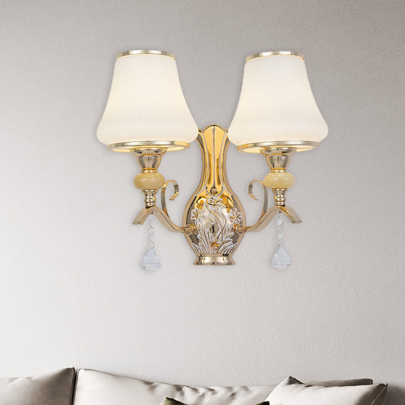 Skørter | Opal Glass Wall Mounted Lamp Retro 2 Heads Living Room Wall Light with Crystal Draping