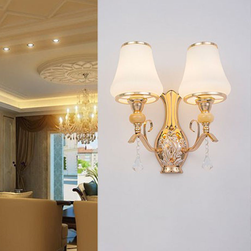 Skørter | Opal Glass Wall Mounted Lamp Retro 2 Heads Living Room Wall Light with Crystal Draping