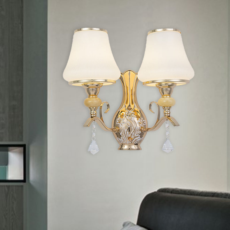 Skørter | Opal Glass Wall Mounted Lamp Retro 2 Heads Living Room Wall Light with Crystal Draping