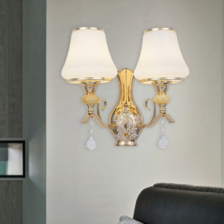 Skørter | Opal Glass Wall Mounted Lamp Retro 2 Heads Living Room Wall Light with Crystal Draping