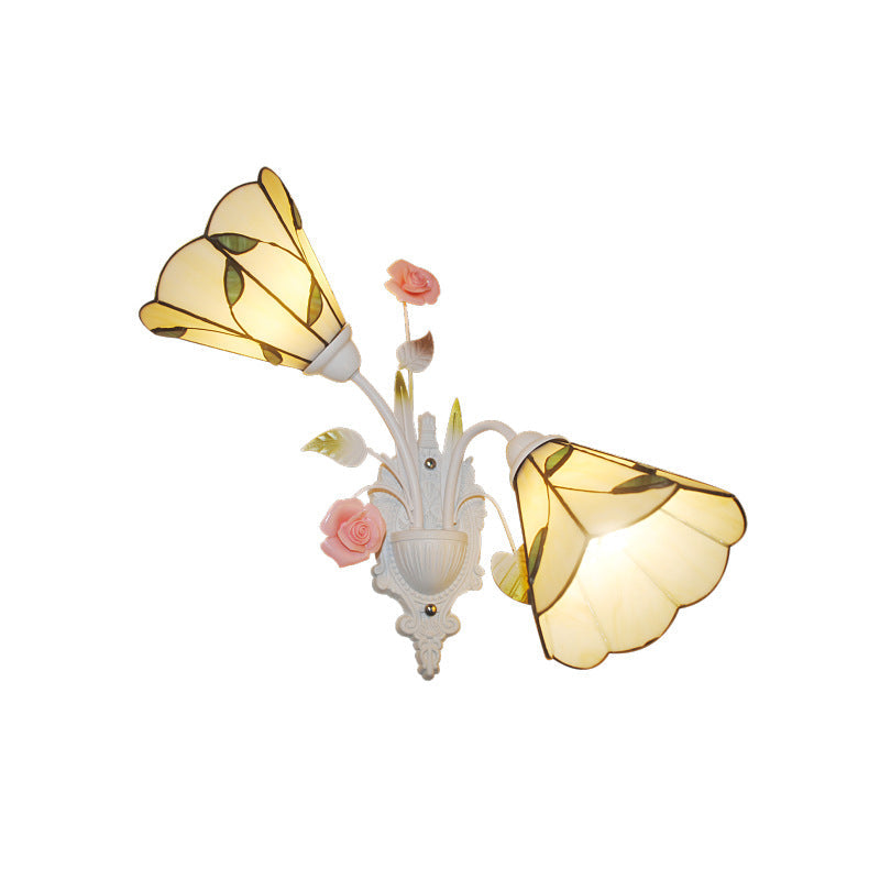 Lisslune | 2 Lights Living Room Wall Mounted Light Baroque White Wall Lamp with Conical Colored Glass Shade