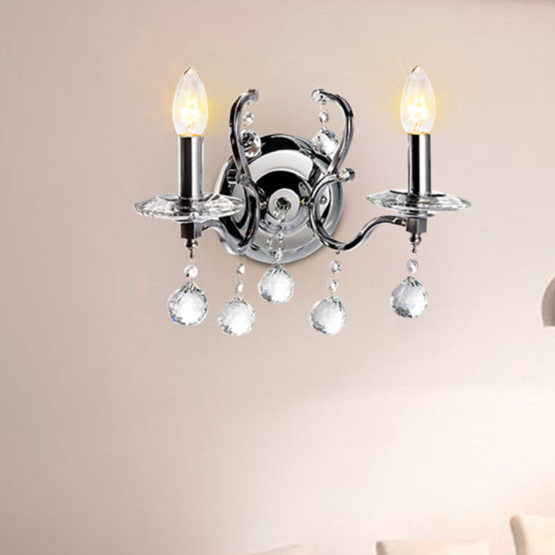 Skørter | Metal Candle Holder Wall Lamp Retro 1/2-Bulb Living Room LED Wall Lighting with Crystal Ball in Chrome