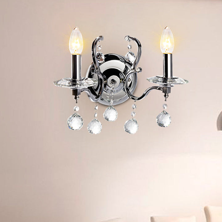 Skørter | Metal Candle Holder Wall Lamp Retro 1/2-Bulb Living Room LED Wall Lighting with Crystal Ball in Chrome