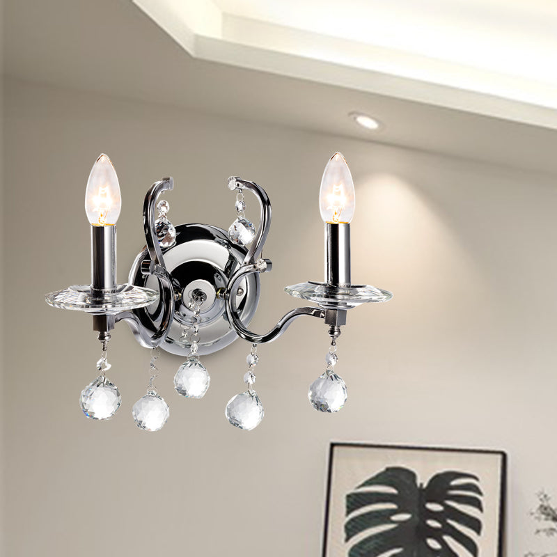 Skørter | Metal Candle Holder Wall Lamp Retro 1/2-Bulb Living Room LED Wall Lighting with Crystal Ball in Chrome