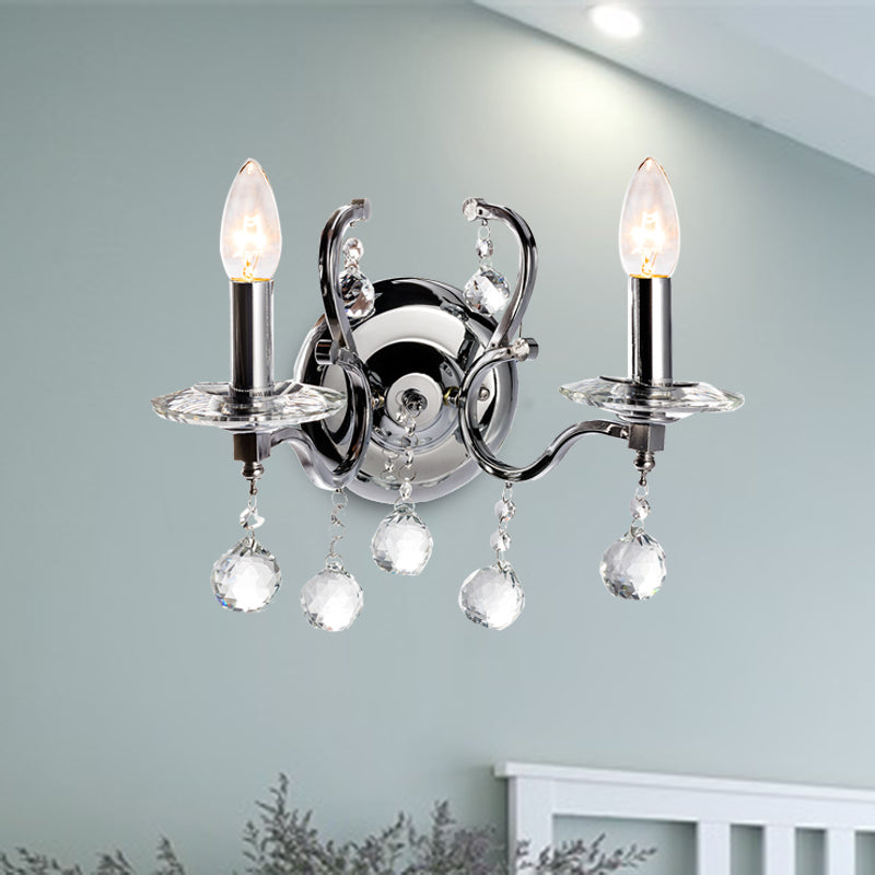 Skørter | Metal Candle Holder Wall Lamp Retro 1/2-Bulb Living Room LED Wall Lighting with Crystal Ball in Chrome