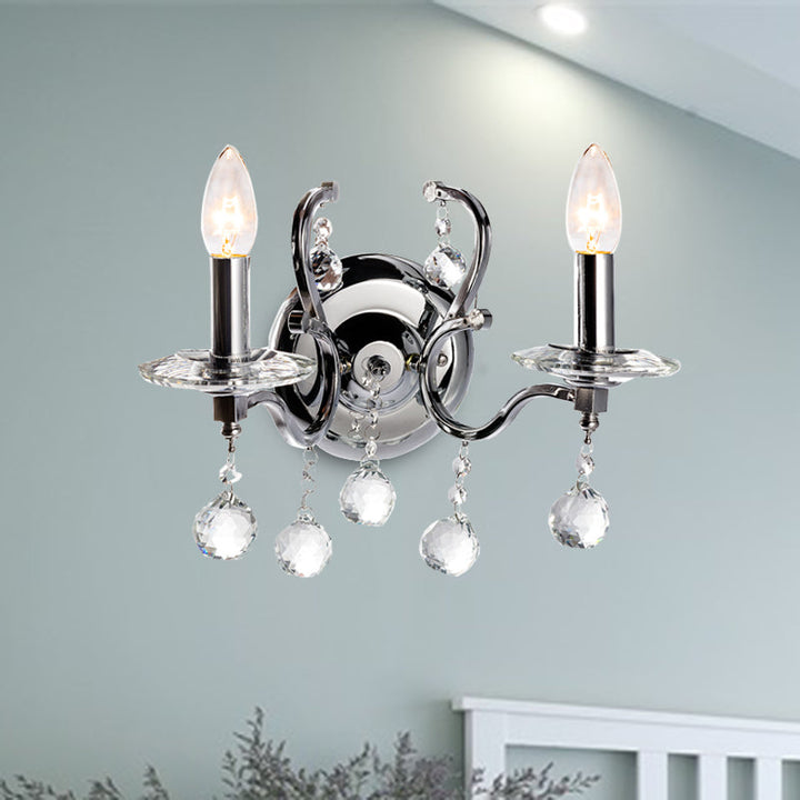 Skørter | Metal Candle Holder Wall Lamp Retro 1/2-Bulb Living Room LED Wall Lighting with Crystal Ball in Chrome