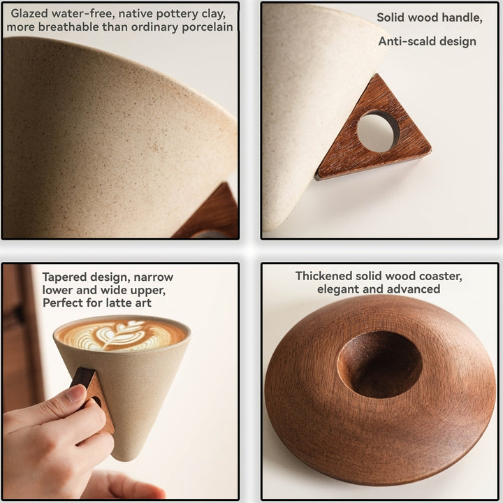 Lisslune | BaristaLuxe Ceramic Coffee Cup 250ml – Handmade with Wooden Handle and Coaster