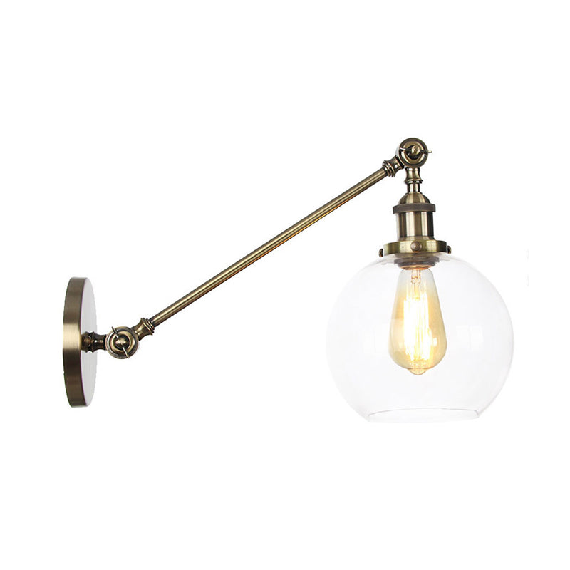 Lisslune | Clear Glass Globe Wall Lighting Country House 1 Light Living Room Fixture in Black/ Brass/ Bronze with Arm, 8"/12" L