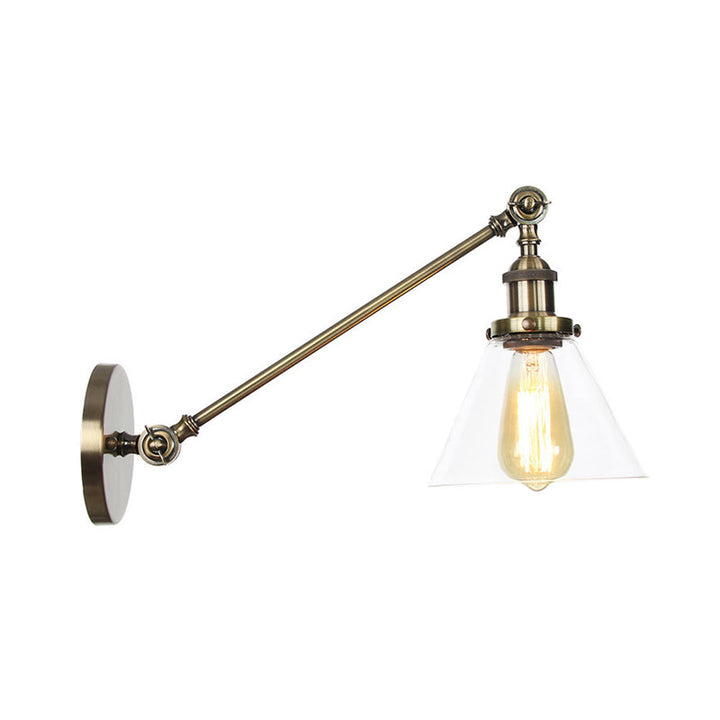 Lisslune | Industrial Conical Wall Lamp 1 Light Clear Glass Lighting in Black/Bronze/Brass, 8"/12" L Arm