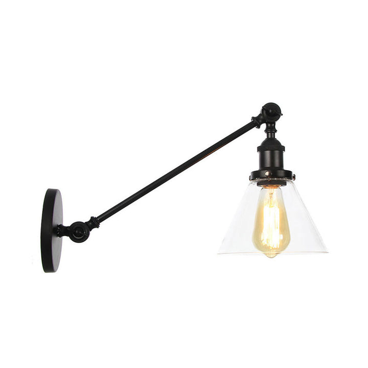 Lisslune | Industrial Conical Wall Lamp 1 Light Clear Glass Lighting in Black/Bronze/Brass, 8"/12" L Arm
