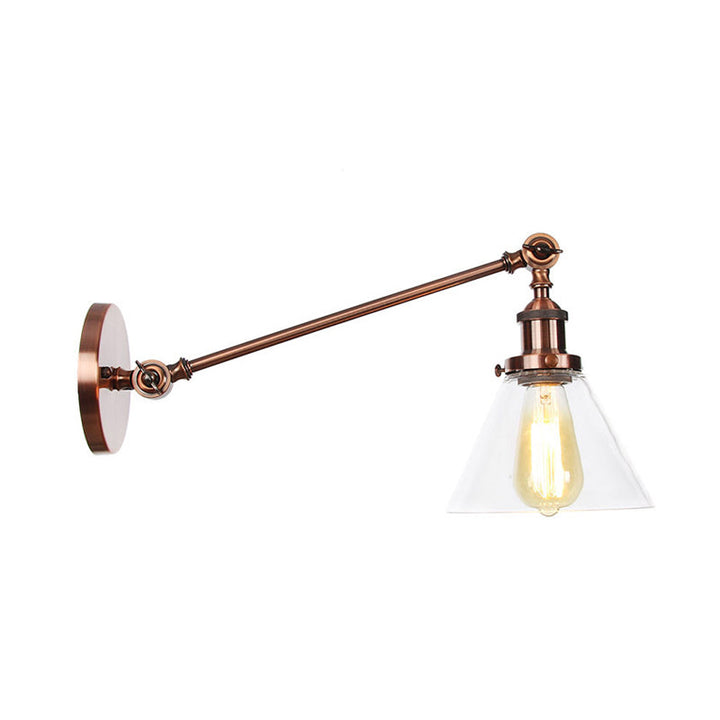 Lisslune | Industrial Conical Wall Lamp 1 Light Clear Glass Lighting in Black/Bronze/Brass, 8"/12" L Arm