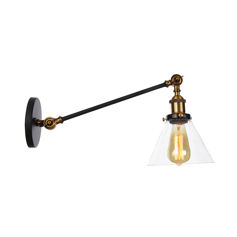 Lisslune | Industrial Conical Wall Lamp 1 Light Clear Glass Lighting in Black/Bronze/Brass, 8"/12" L Arm