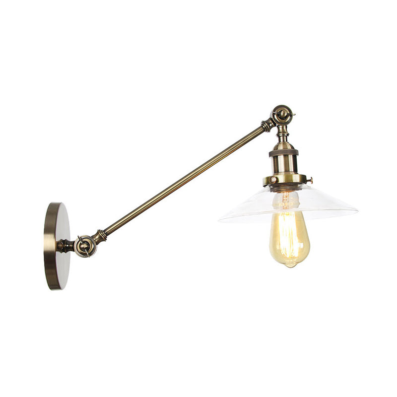 Lisslune | 1 Light Indoor Wall Lamp Vintage Black/Brass/Bronze Lighting Fixture with Cone Transparent Glass Shade, 8"/12" L Arm