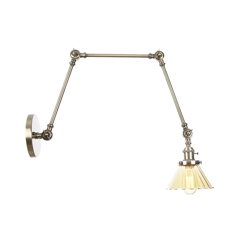 Skørter | Industrial Cone Wall Mounted Light 1 Light  
Clear/Amber Glass Wall Light in Black/Bronze/Brass with Arm, 8"+8"/8"+8"+8" Long