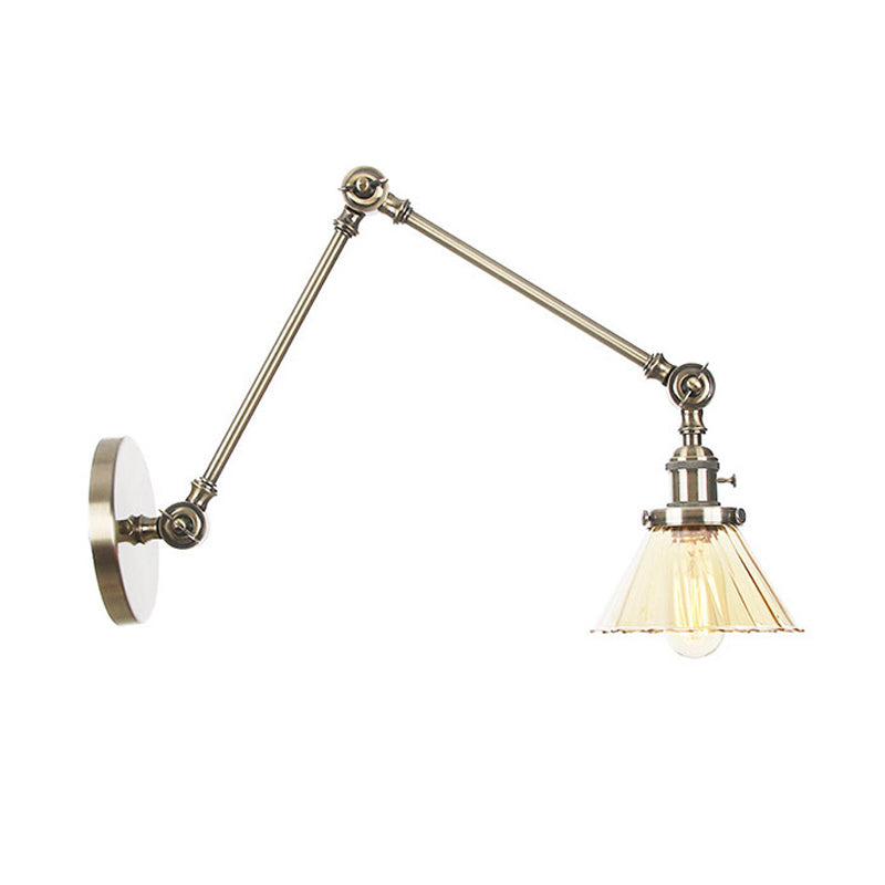 Skørter | Industrial Cone Wall Mounted Light 1 Light  
Clear/Amber Glass Wall Light in Black/Bronze/Brass with Arm, 8"+8"/8"+8"+8" Long