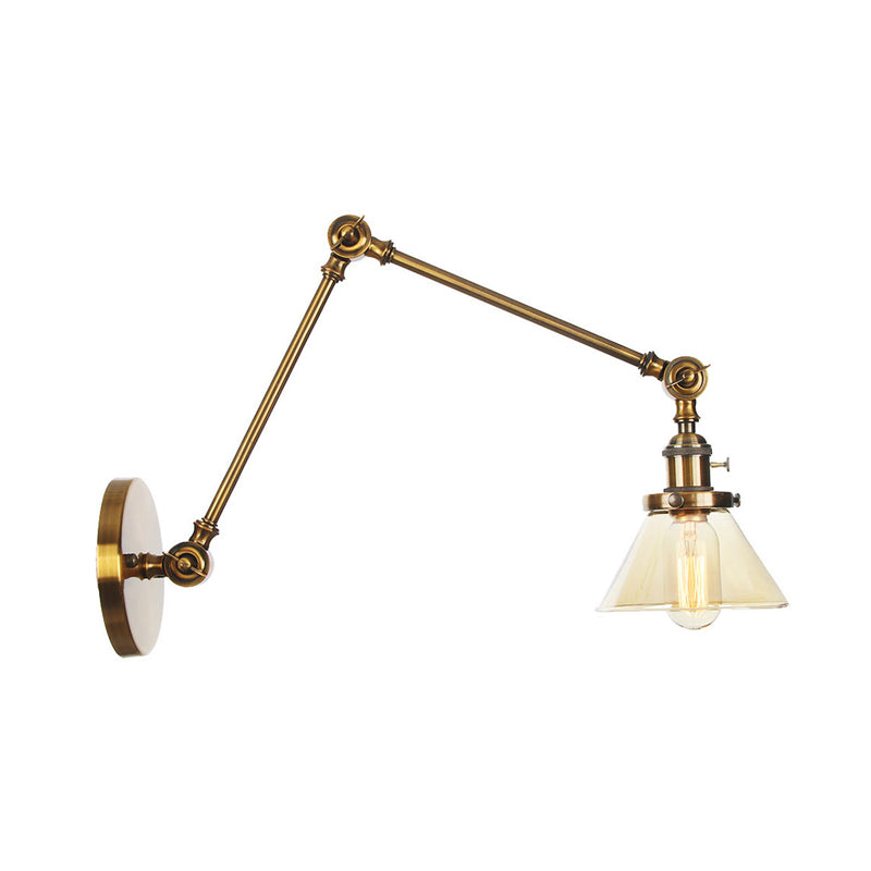 Lisslune | 1 Light Wall Lamp Industrial Cone Clear/Amber Glass Wall Lamp in Black/Bronze/Brass with Adjustable Arm, 8“+8"/8"+8"+8" Long