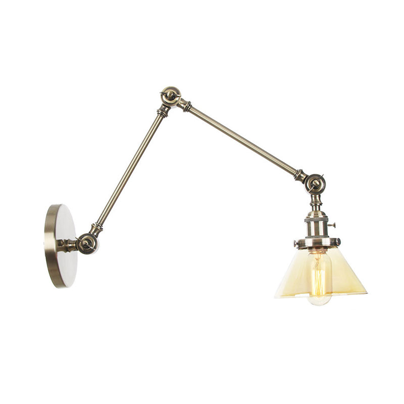 Lisslune | 1 Light Wall Lamp Industrial Cone Clear/Amber Glass Wall Lamp in Black/Bronze/Brass with Adjustable Arm, 8“+8"/8"+8"+8" Long