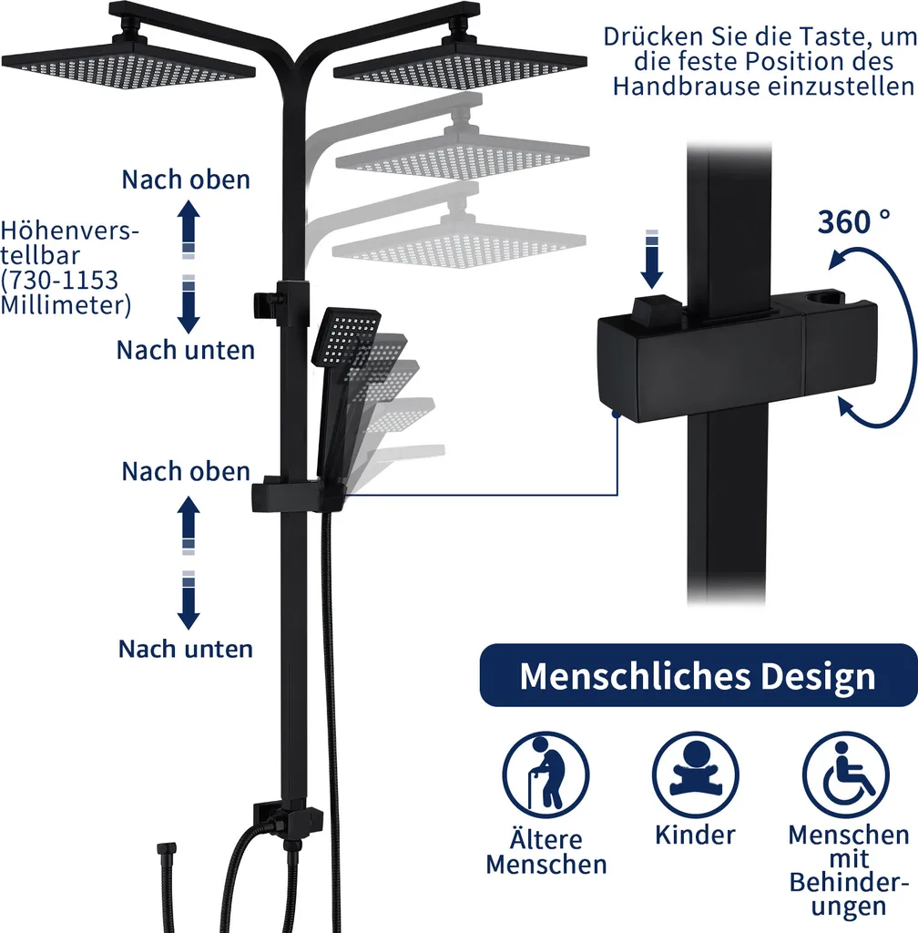 Lisslune | Shower system Black Rain shower Shower set without faucet with overhead shower Hand shower Shower column Shower system with diverter angular Shower column for bathroom, black