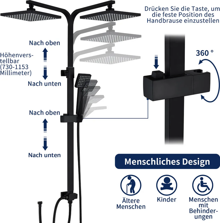 Lisslune | Shower system Black Rain shower Shower set without faucet with overhead shower Hand shower Shower column Shower system with diverter angular Shower column for bathroom, black