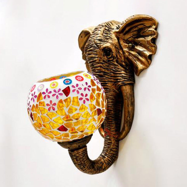 Lisslune | Stained Glass Elephant Head Wall Lamp Baroque 1 Light Silver/Yellow Wall Lamp Fixture for Hallway