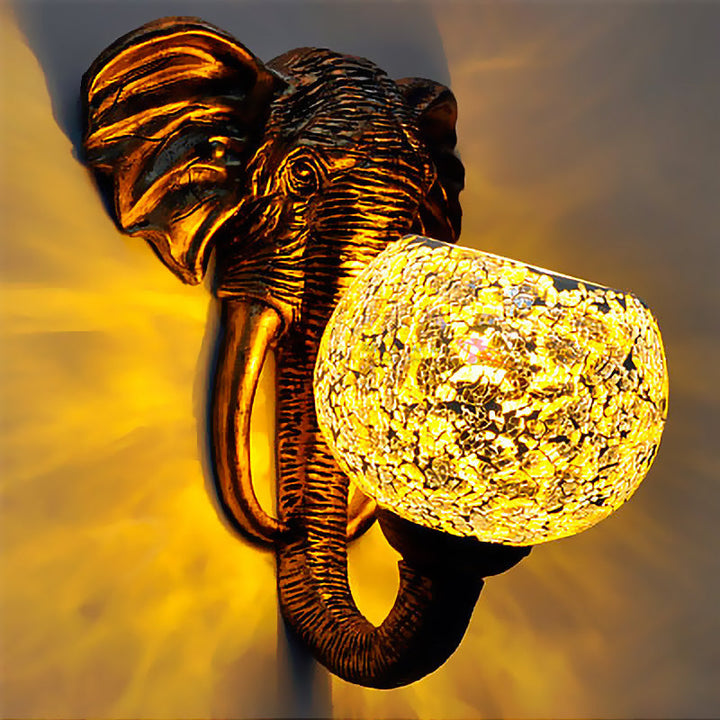 Lisslune | Globe Wall-Mounted Light 1 Light Hand-Cut Glass Baroque Sconces in Red/Yellow/Blue with Elephant Decop for Outdoor