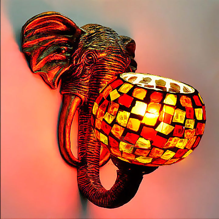 Lisslune | Globe Wall-Mounted Light 1 Light Hand-Cut Glass Baroque Sconces in Red/Yellow/Blue with Elephant Decop for Outdoor