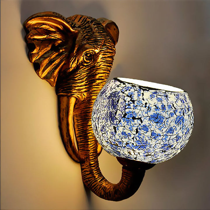 Lisslune | Globe Wall-Mounted Light 1 Light Hand-Cut Glass Baroque Sconces in Red/Yellow/Blue with Elephant Decop for Outdoor