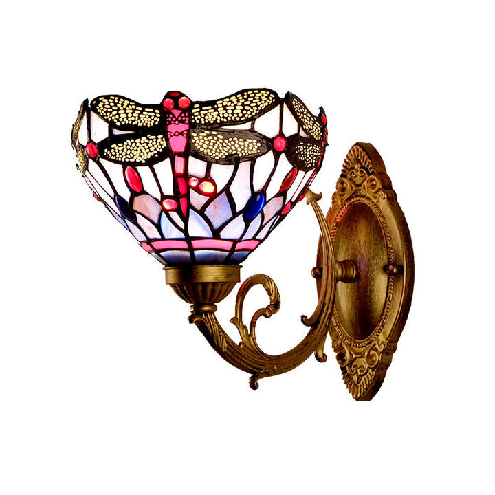 Lisslune | Brass Dragonfly Wall Lamp Tiffany 1 Light Hand-Cut Glass Wall Lamp with Curved Arm