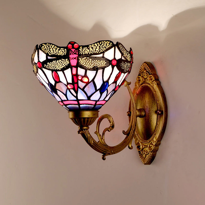 Lisslune | Brass Dragonfly Wall Lamp Tiffany 1 Light Hand-Cut Glass Wall Lamp with Curved Arm